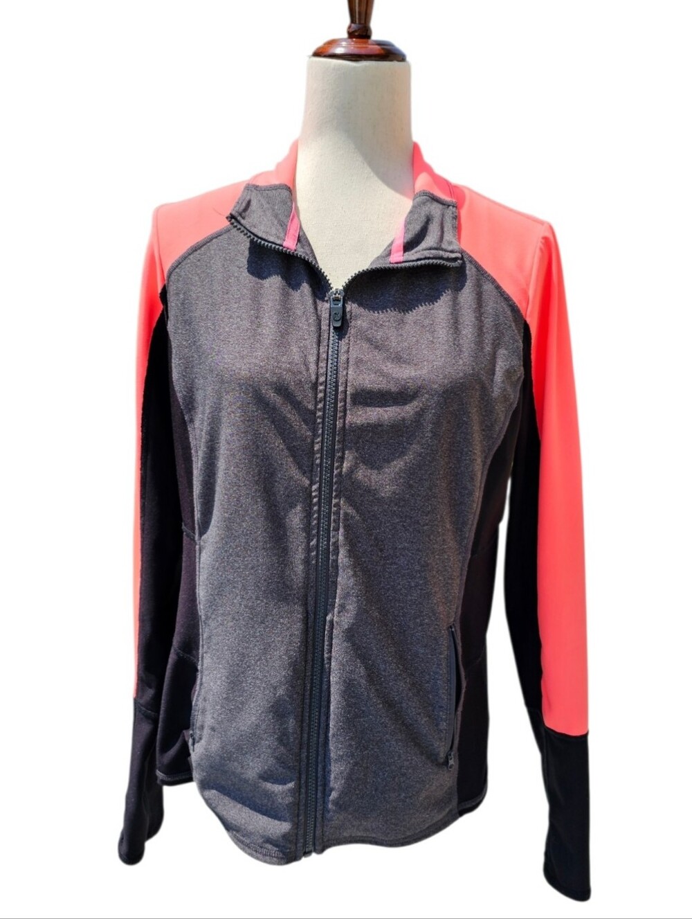 Women's Charcoal and Coral Active Lightweight Zip Jacket Thumb Holes Lg